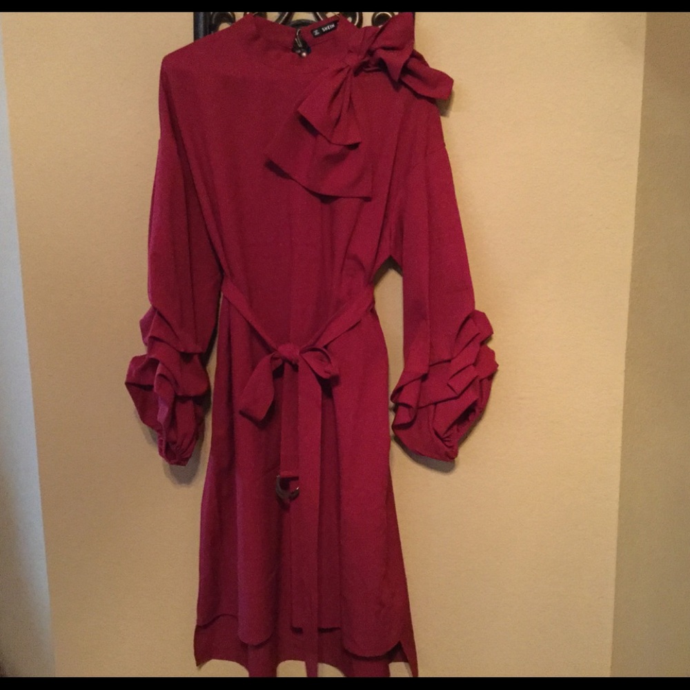 Red Burgundy Puff Sleeve Bow Dress